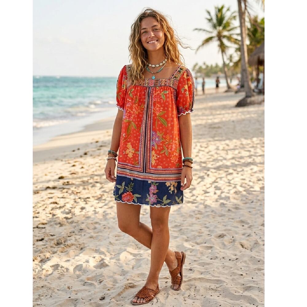 KARYN SEO Boho Floral Shift Mini Dress Orange Blue Embroidered Large Puff Sleeve